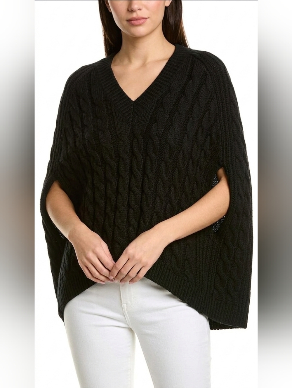 NWT St John Cable Knit Cocoon Poncho Sweater in Black Cotton Wool Pullover M/L